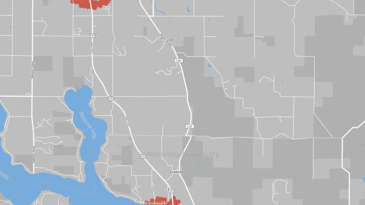 Walk Grade map of Clarion, MI, walkable areas in green and car-dependent areas in red