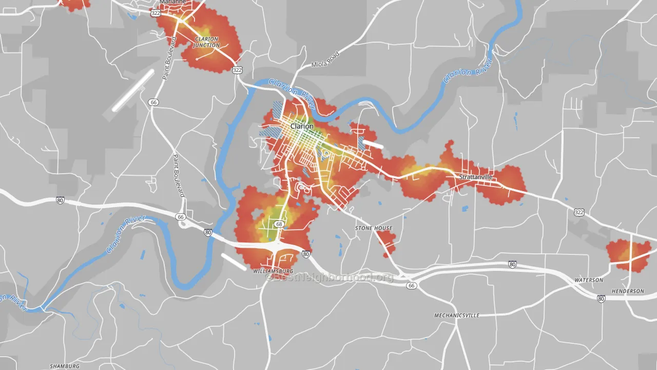 Walk Grade map of Clarion, PA, walkable areas in green and car-dependent areas in red