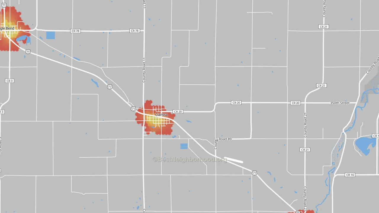 Walk Grade map of Clarissa, MN, walkable areas in green and car-dependent areas in red