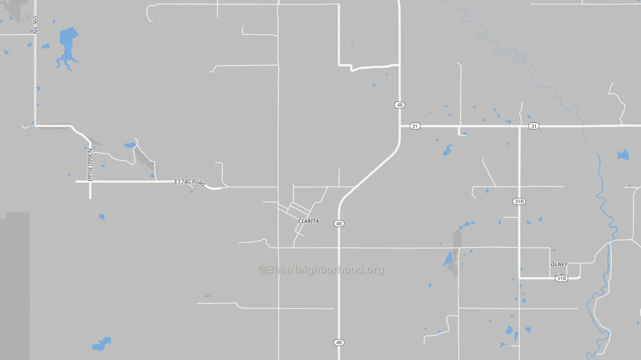 Walk Grade map of Clarita, OK, walkable areas in green and car-dependent areas in red