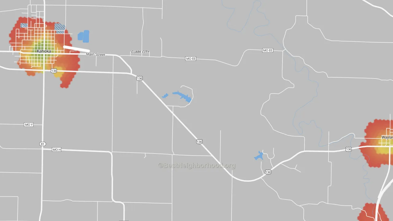 Walk Grade map of Clark City, MO, walkable areas in green and car-dependent areas in red