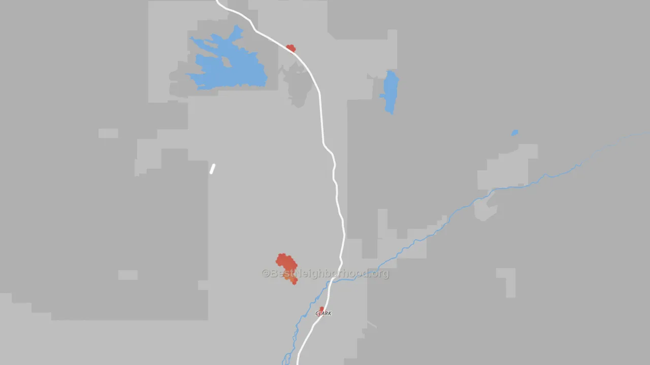 Walk Grade map of Clark, CO, walkable areas in green and car-dependent areas in red