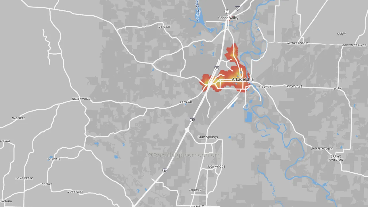 Walk Grade map of Clark County, AR, walkable areas in green and car-dependent areas in red