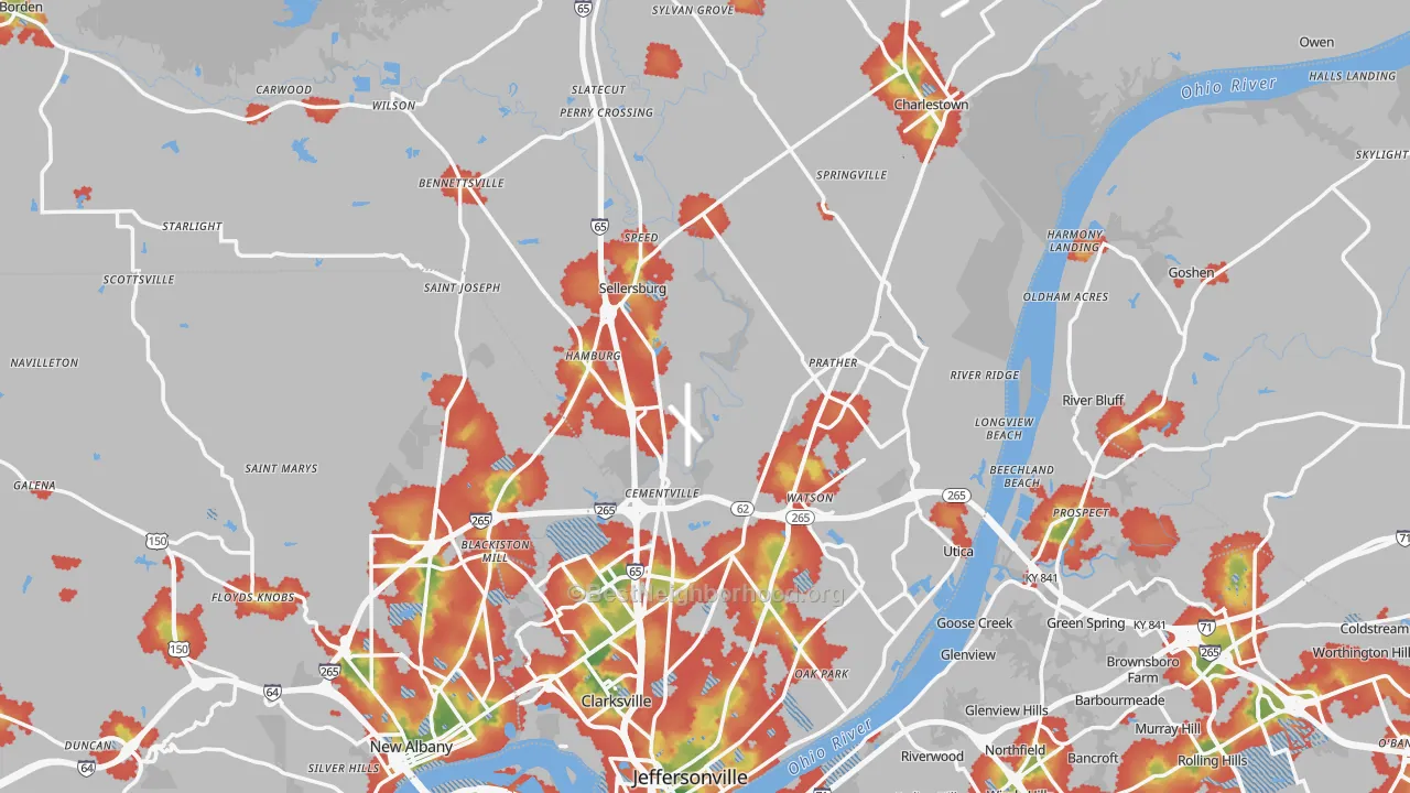 Walk Grade map of Clark County, IN, walkable areas in green and car-dependent areas in red