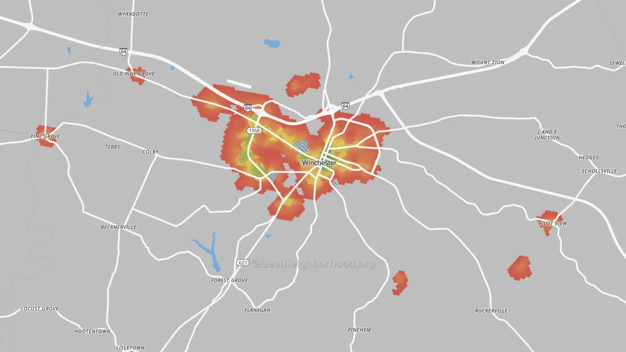 Walk Grade map of Clark County, KY, walkable areas in green and car-dependent areas in red