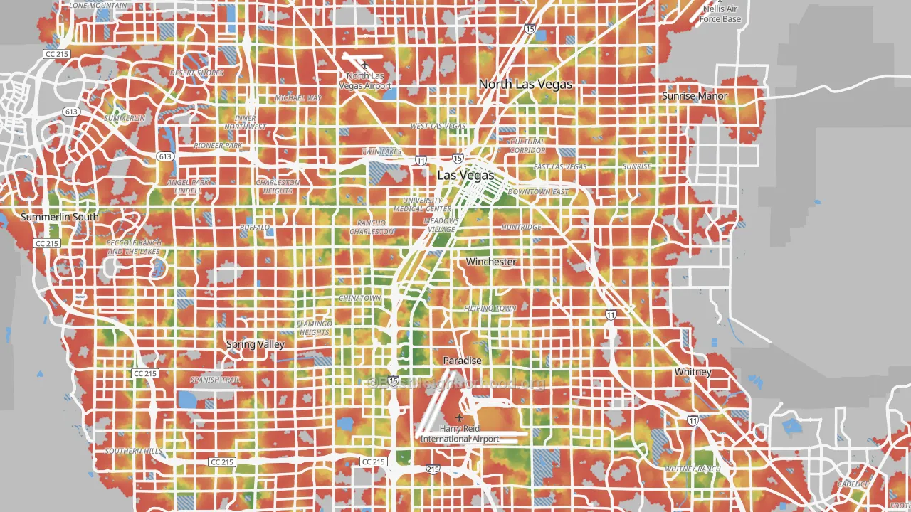 Walk Grade map of Clark County, NV, walkable areas in green and car-dependent areas in red