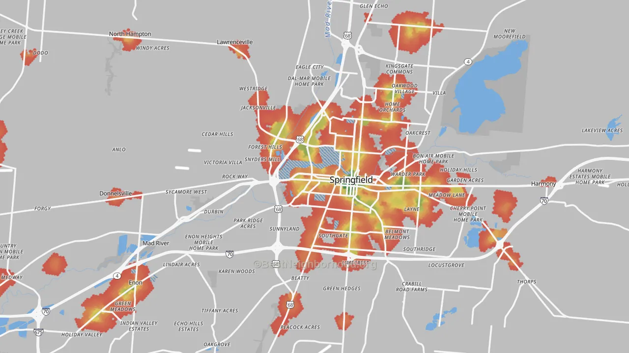 Walk Grade map of Clark County, OH, walkable areas in green and car-dependent areas in red