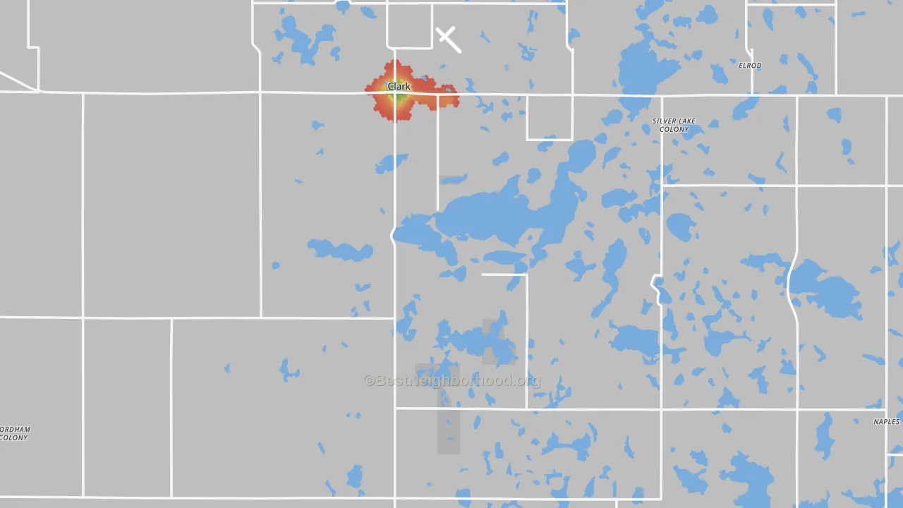 Walk Grade map of Clark County, SD, walkable areas in green and car-dependent areas in red