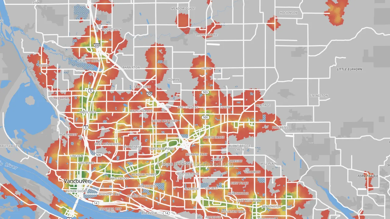 Walk Grade map of Clark County, WA, walkable areas in green and car-dependent areas in red