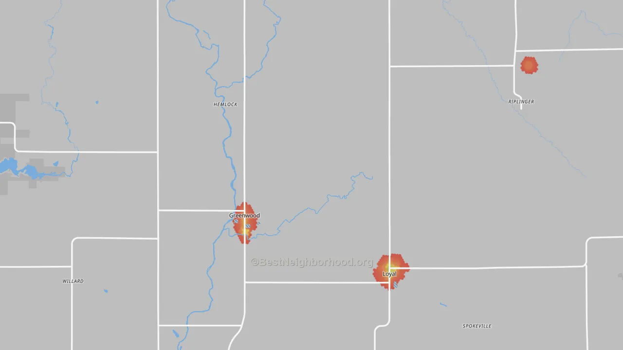 Walk Grade map of Clark County, WI, walkable areas in green and car-dependent areas in red