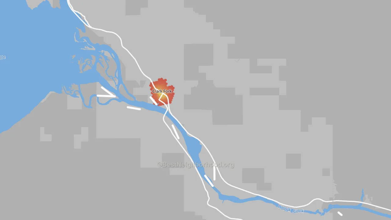 Walk Grade map of Clark Fork, ID, walkable areas in green and car-dependent areas in red