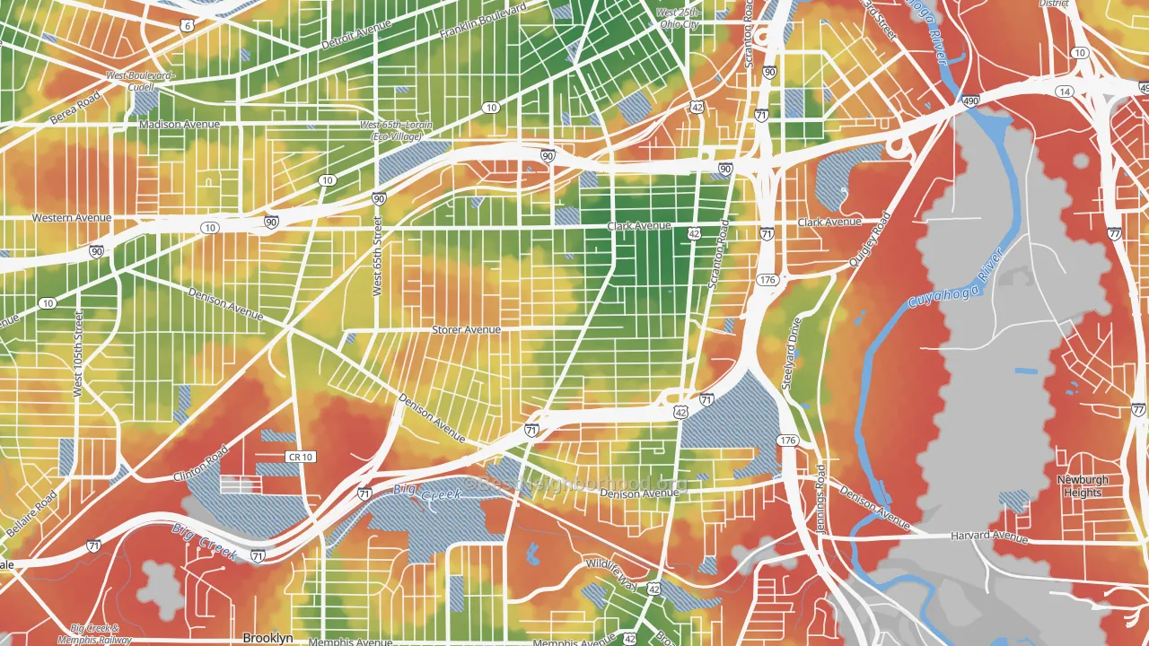Walk Grade map of Clark-Fulton, Cleveland, OH, walkable areas in green and car-dependent areas in red