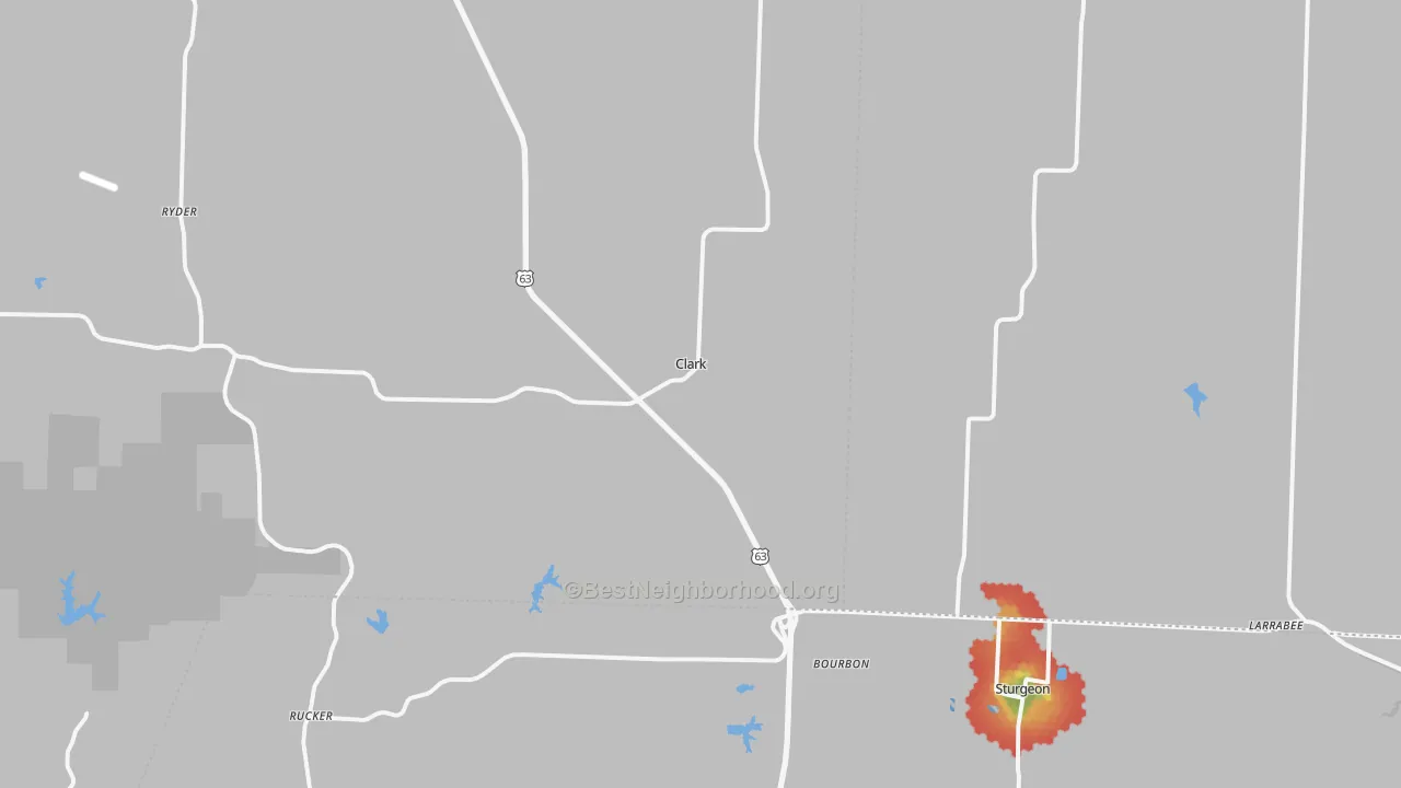 Walk Grade map of Clark, MO, walkable areas in green and car-dependent areas in red