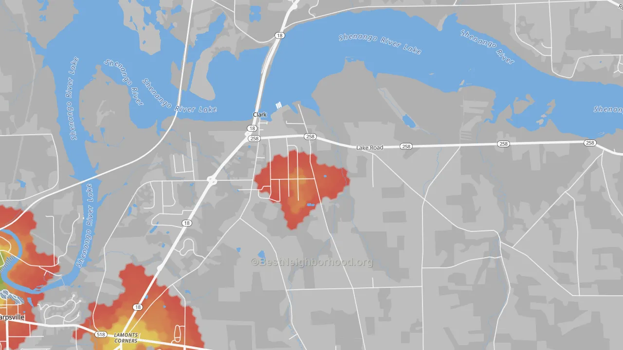 Walk Grade map of Clark, PA, walkable areas in green and car-dependent areas in red