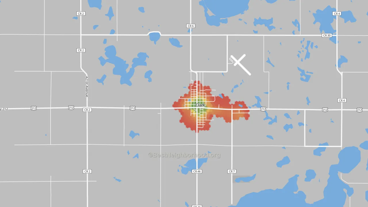 Walk Grade map of Clark, SD, walkable areas in green and car-dependent areas in red