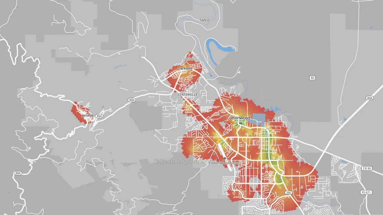 Walk Grade map of Clarkdale, AZ, walkable areas in green and car-dependent areas in red