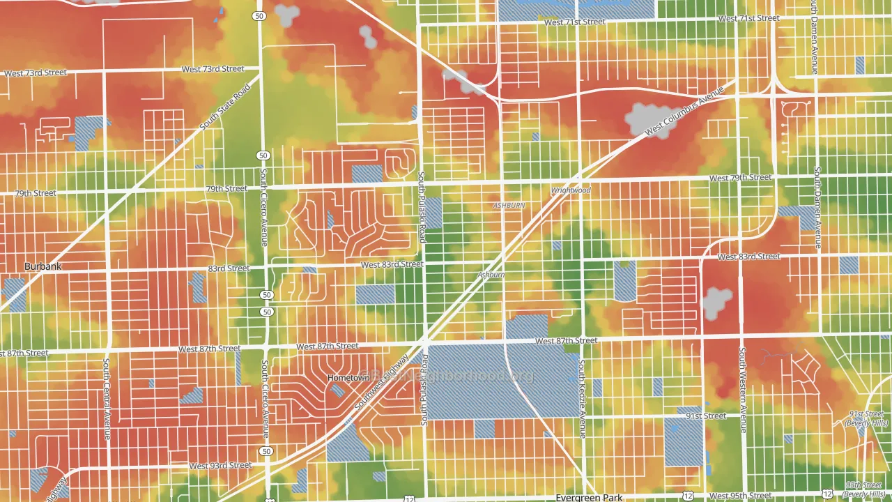 Walk Grade map of Clarkdale, Chicago, IL, walkable areas in green and car-dependent areas in red