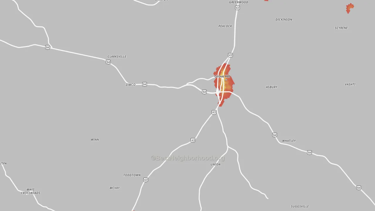Walk Grade map of Clarke County, AL, walkable areas in green and car-dependent areas in red