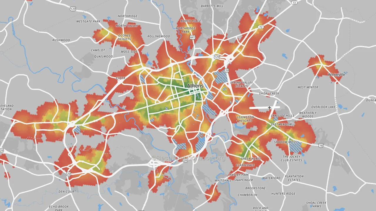 Walk Grade map of Clarke County, GA, walkable areas in green and car-dependent areas in red