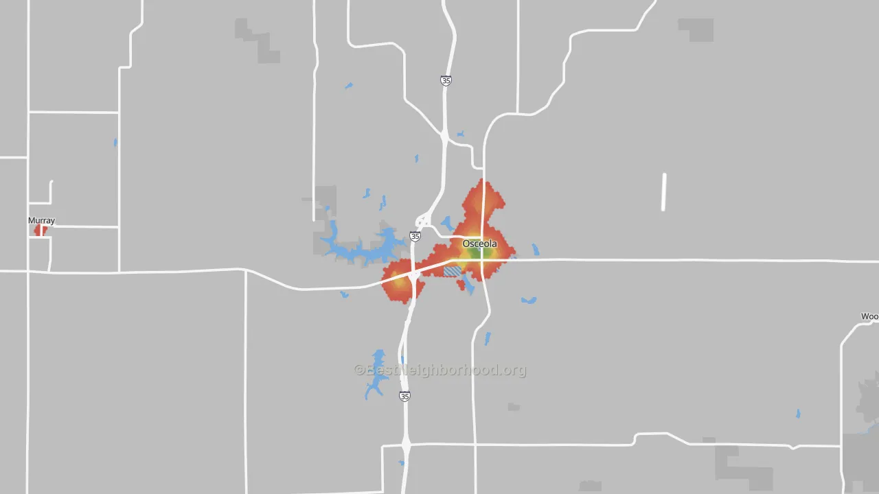 Walk Grade map of Clarke County, IA, walkable areas in green and car-dependent areas in red