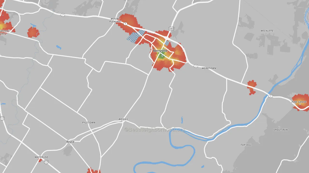 Walk Grade map of Clarke County, VA, walkable areas in green and car-dependent areas in red