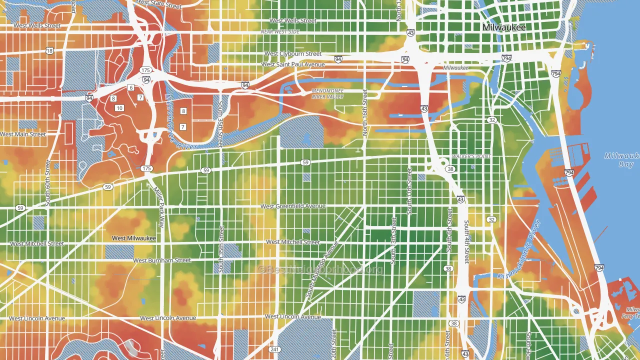 Walk Grade map of Clarke Square, Milwaukee, WI, walkable areas in green and car-dependent areas in red