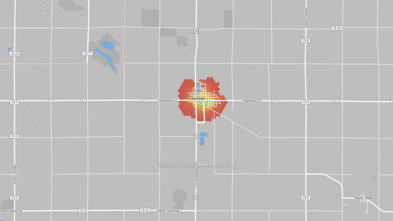 Walk Grade map of Clarkfield, MN, walkable areas in green and car-dependent areas in red