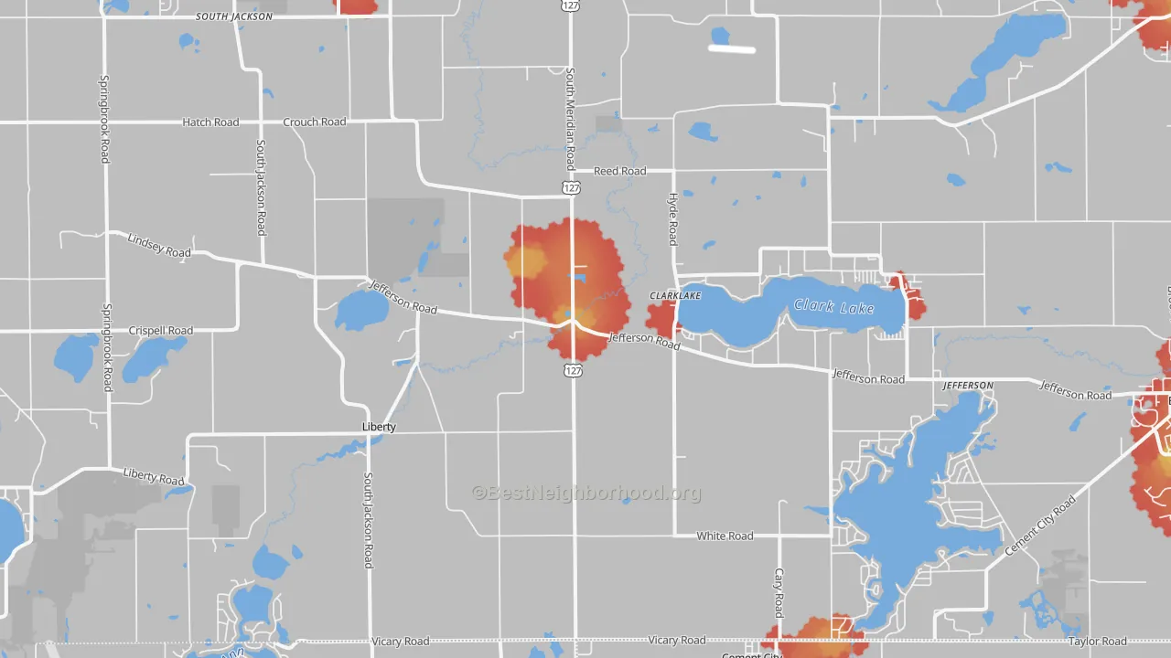 Walk Grade map of Clarklake, MI, walkable areas in green and car-dependent areas in red