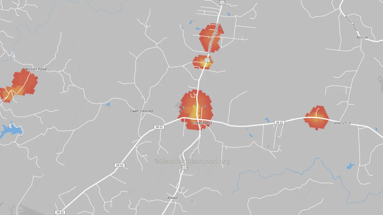 Walk Grade map of Clarkrange, TN, walkable areas in green and car-dependent areas in red