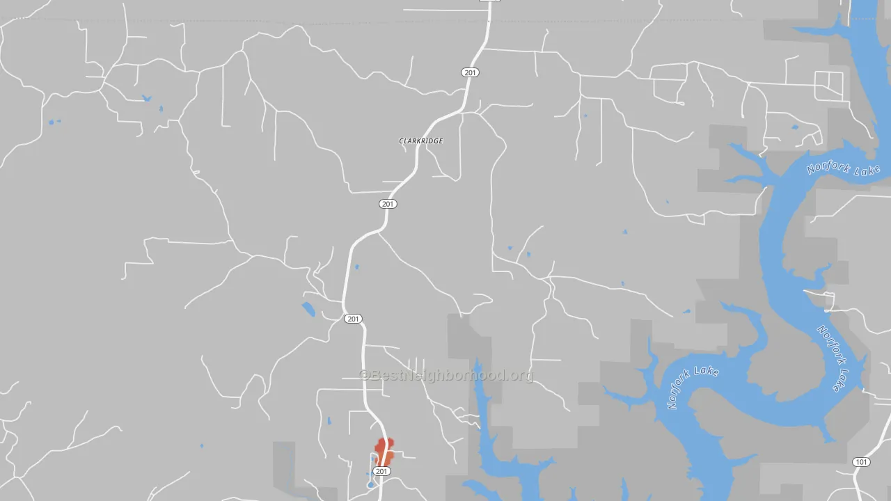 Walk Grade map of Clarkridge, AR, walkable areas in green and car-dependent areas in red