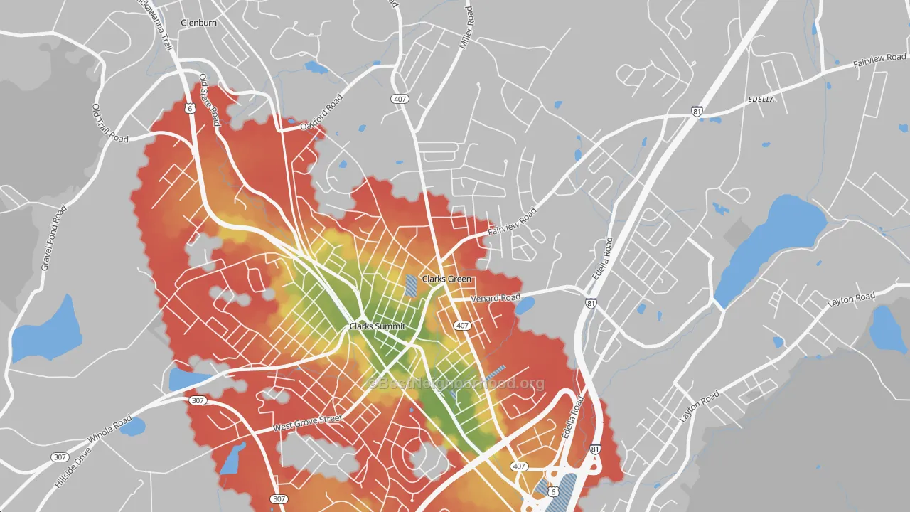 Walk Grade map of Clarks Green, PA, walkable areas in green and car-dependent areas in red