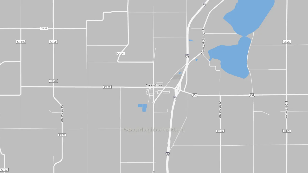 Walk Grade map of Clarks Grove, MN, walkable areas in green and car-dependent areas in red