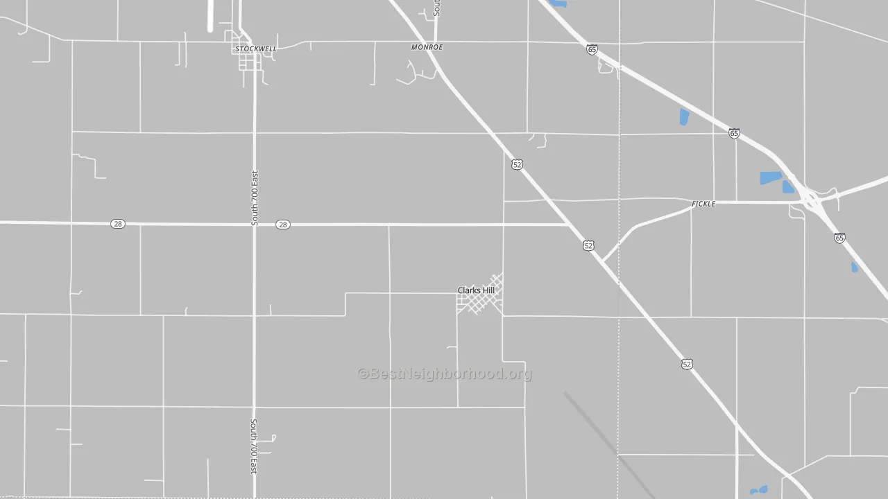 Walk Grade map of Clarks Hill, IN, walkable areas in green and car-dependent areas in red