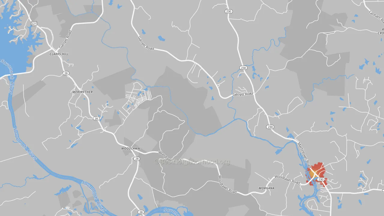 Walk Grade map of Clarks Hill, SC, walkable areas in green and car-dependent areas in red