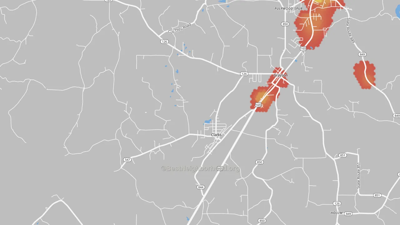 Walk Grade map of Clarks, LA, walkable areas in green and car-dependent areas in red