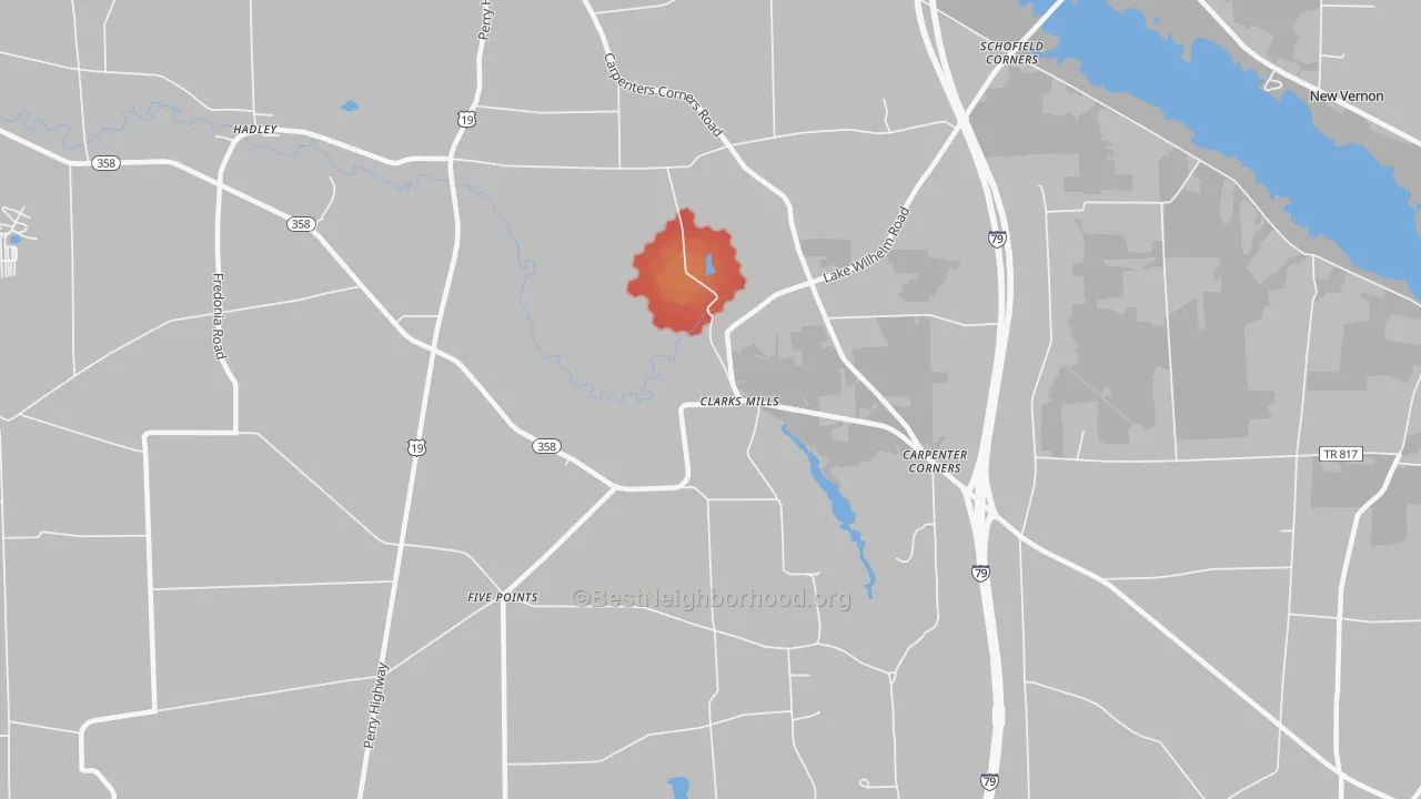 Walk Grade map of Clarks Mills, PA, walkable areas in green and car-dependent areas in red