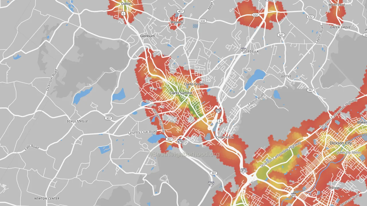 Walk Grade map of Clarks Summit, PA, walkable areas in green and car-dependent areas in red