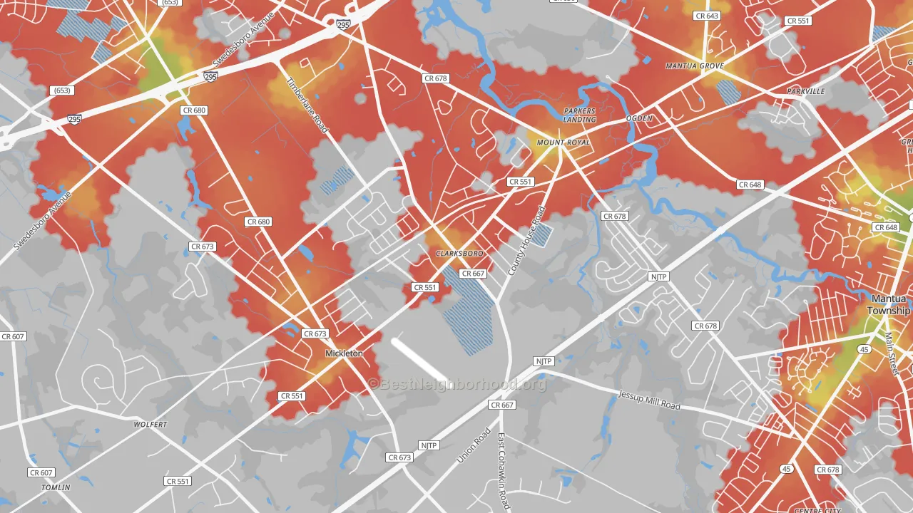 Walk Grade map of Clarksboro, NJ, walkable areas in green and car-dependent areas in red