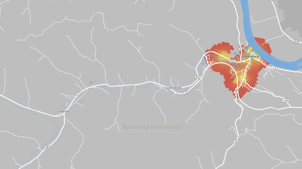 Walk Grade map of Clarksburg, KY, walkable areas in green and car-dependent areas in red