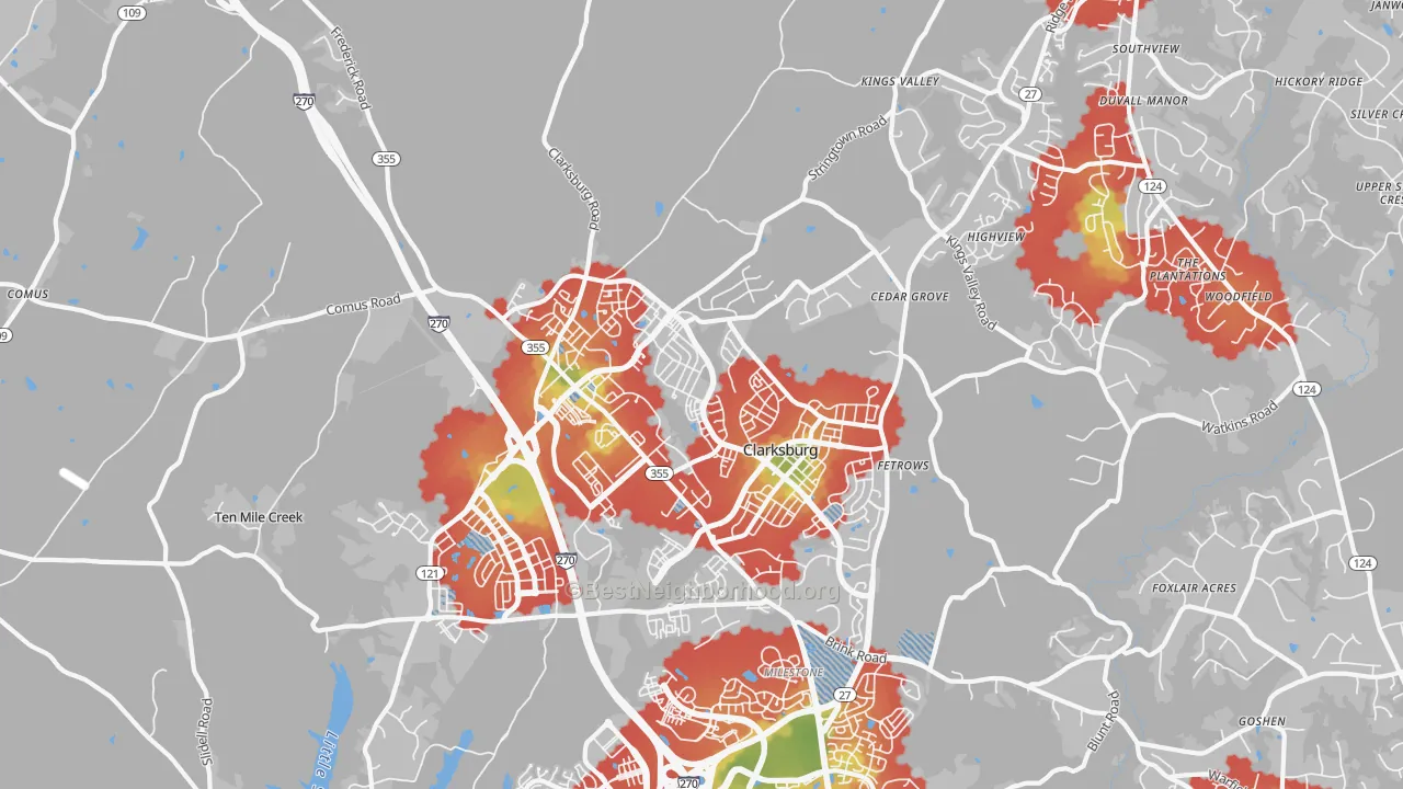 Walk Grade map of Clarksburg, MD, walkable areas in green and car-dependent areas in red