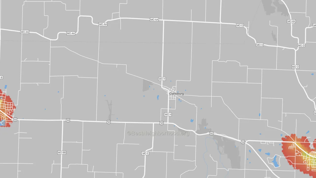Walk Grade map of Clarksburg, MO, walkable areas in green and car-dependent areas in red