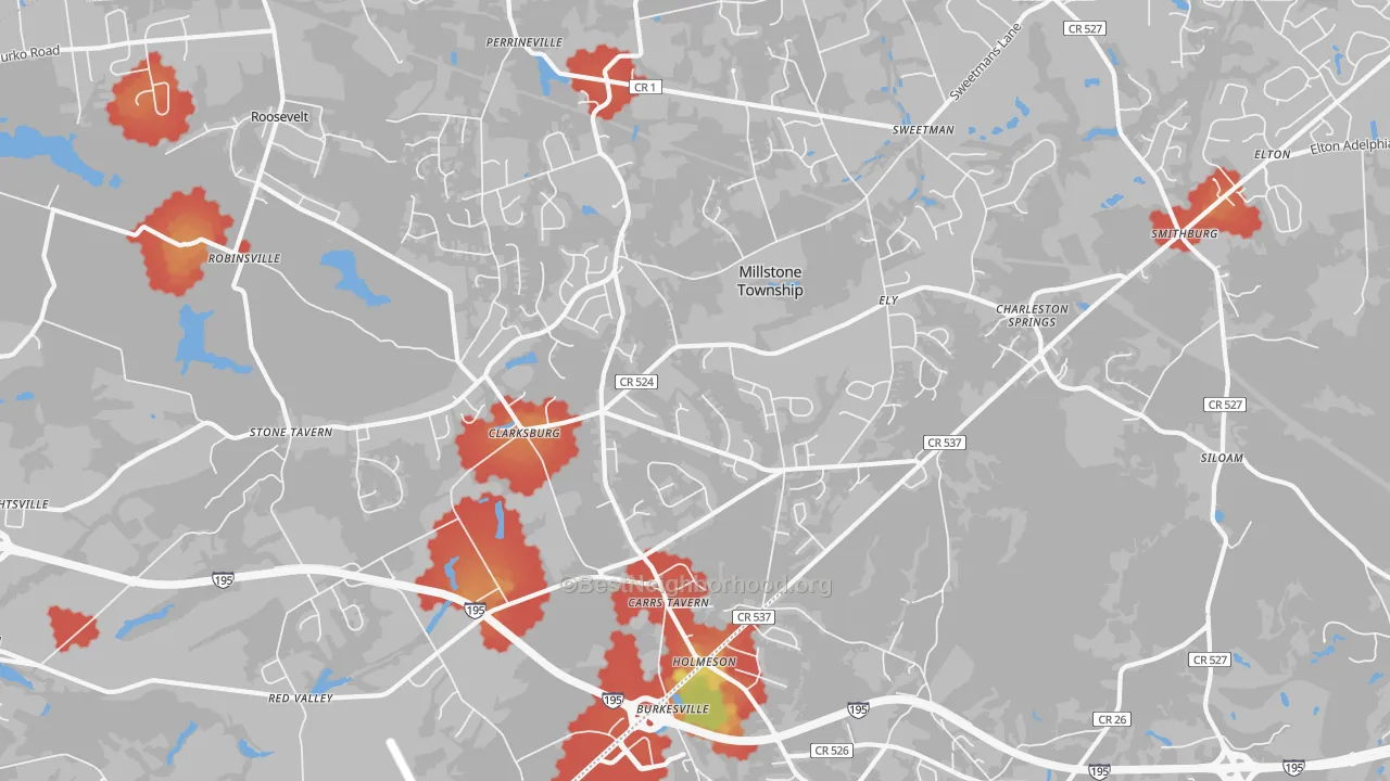 Walk Grade map of Clarksburg, NJ, walkable areas in green and car-dependent areas in red