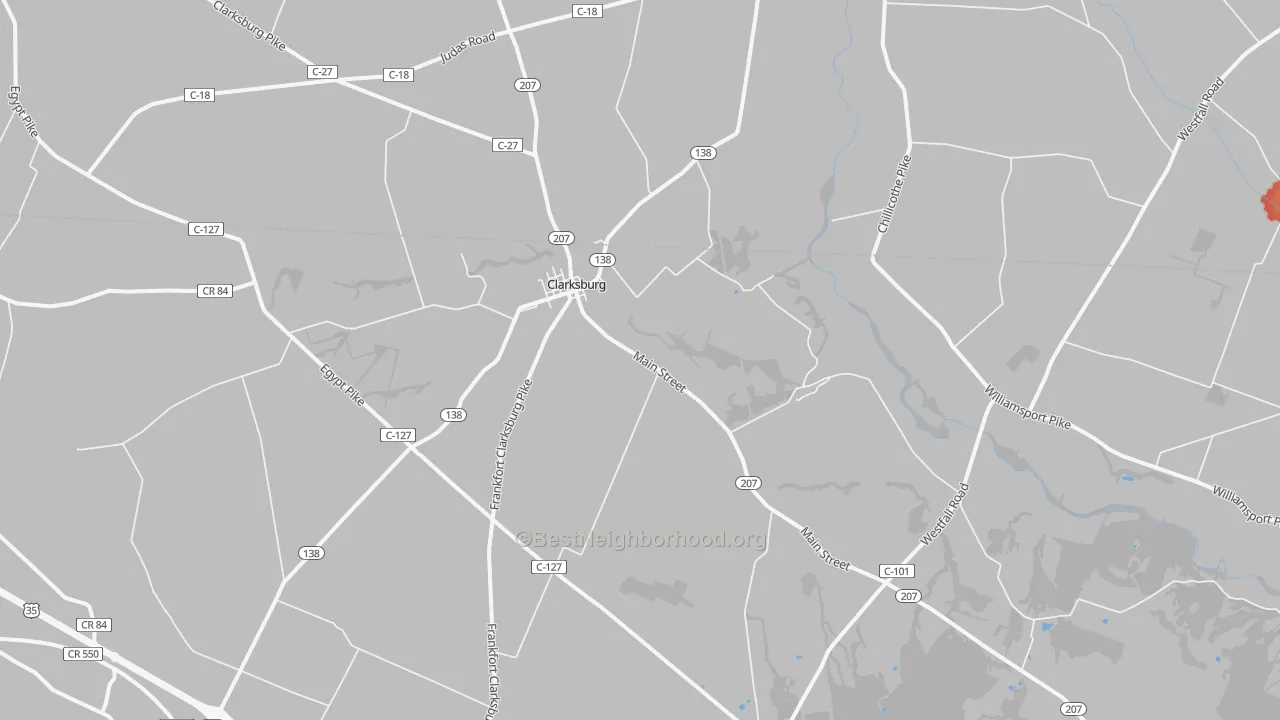 Walk Grade map of Clarksburg, OH, walkable areas in green and car-dependent areas in red