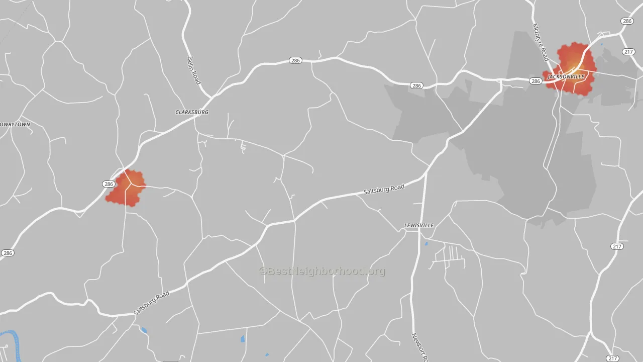 Walk Grade map of Clarksburg, PA, walkable areas in green and car-dependent areas in red