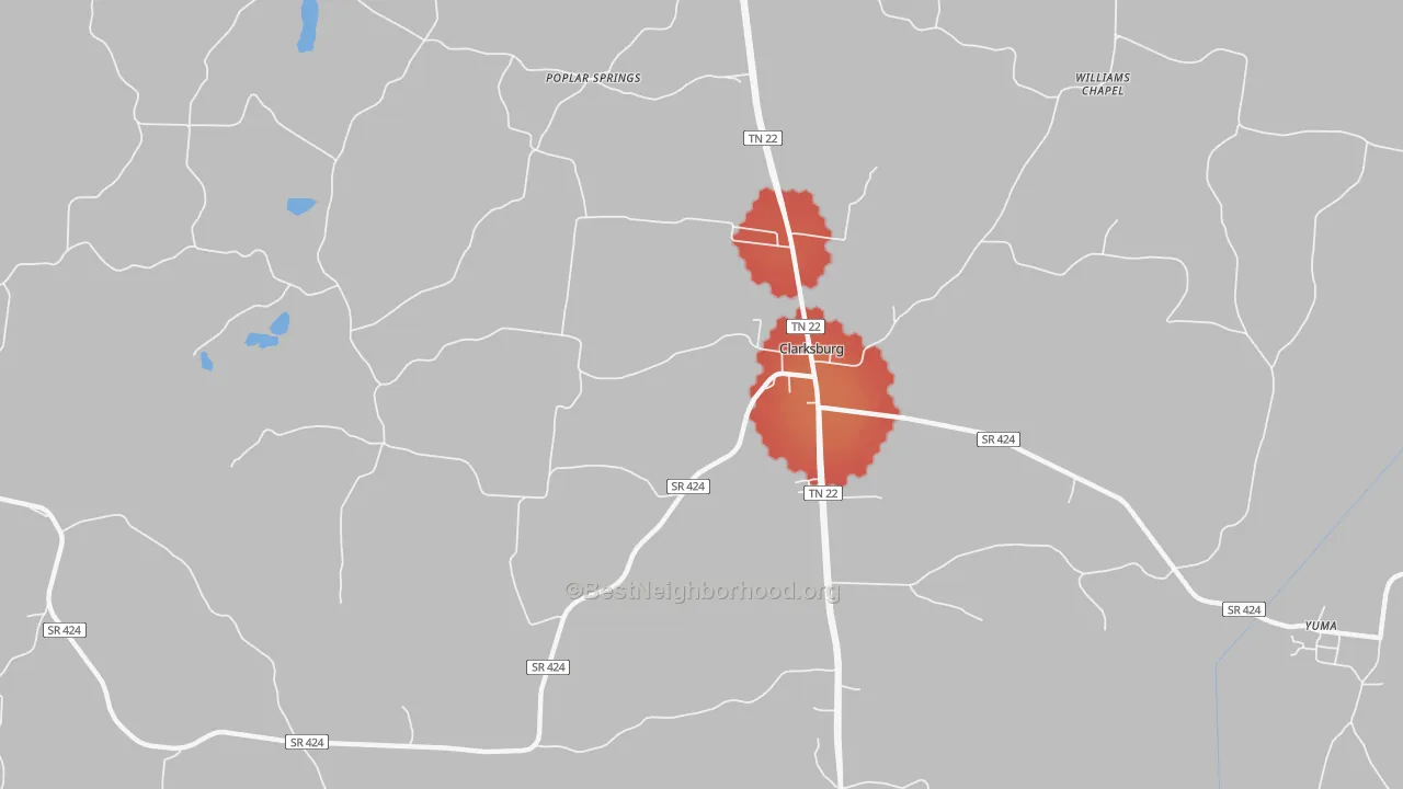 Walk Grade map of Clarksburg, TN, walkable areas in green and car-dependent areas in red
