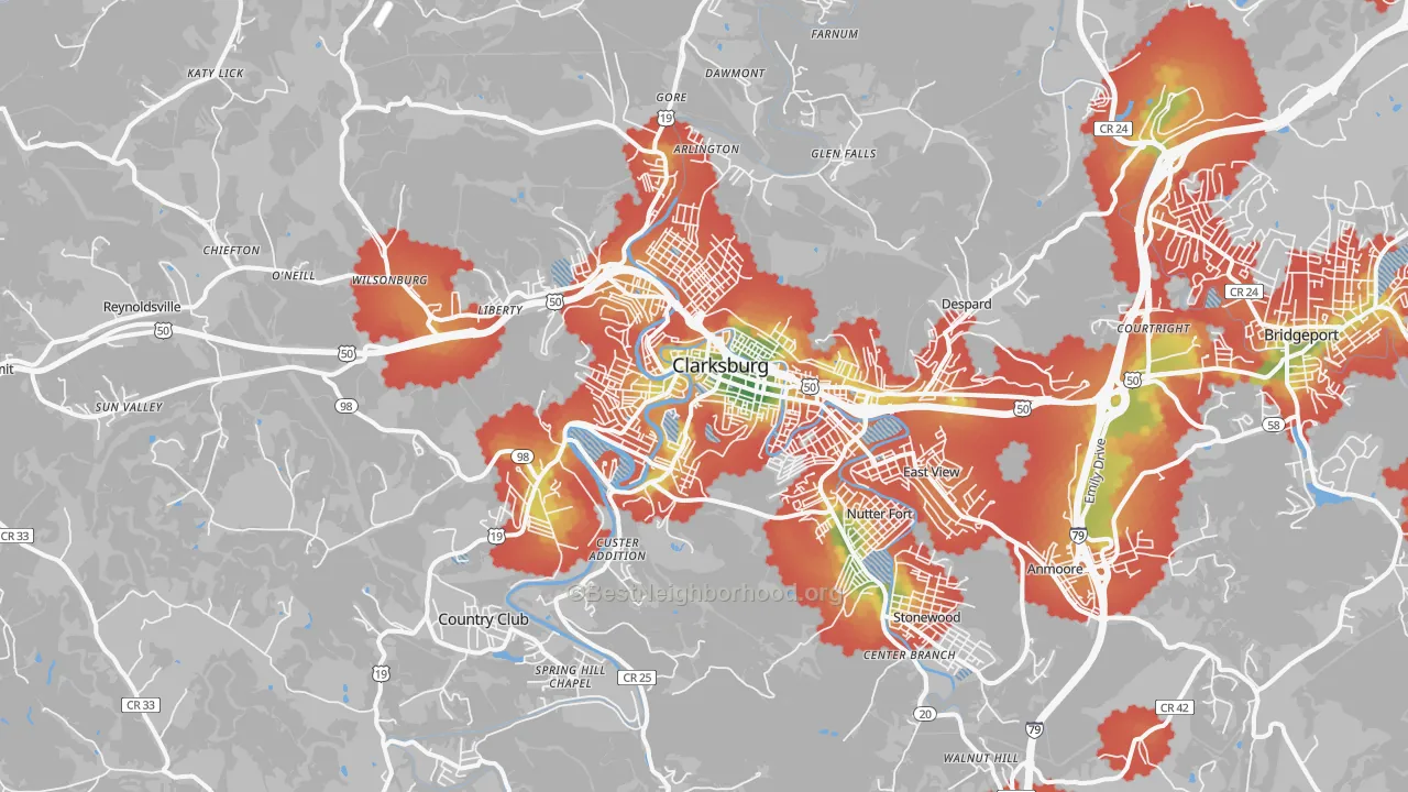 Walk Grade map of Clarksburg, WV, walkable areas in green and car-dependent areas in red