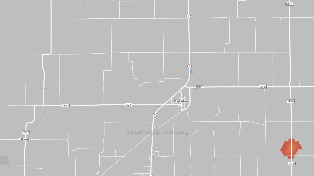 Walk Grade map of Clarksdale, MO, walkable areas in green and car-dependent areas in red