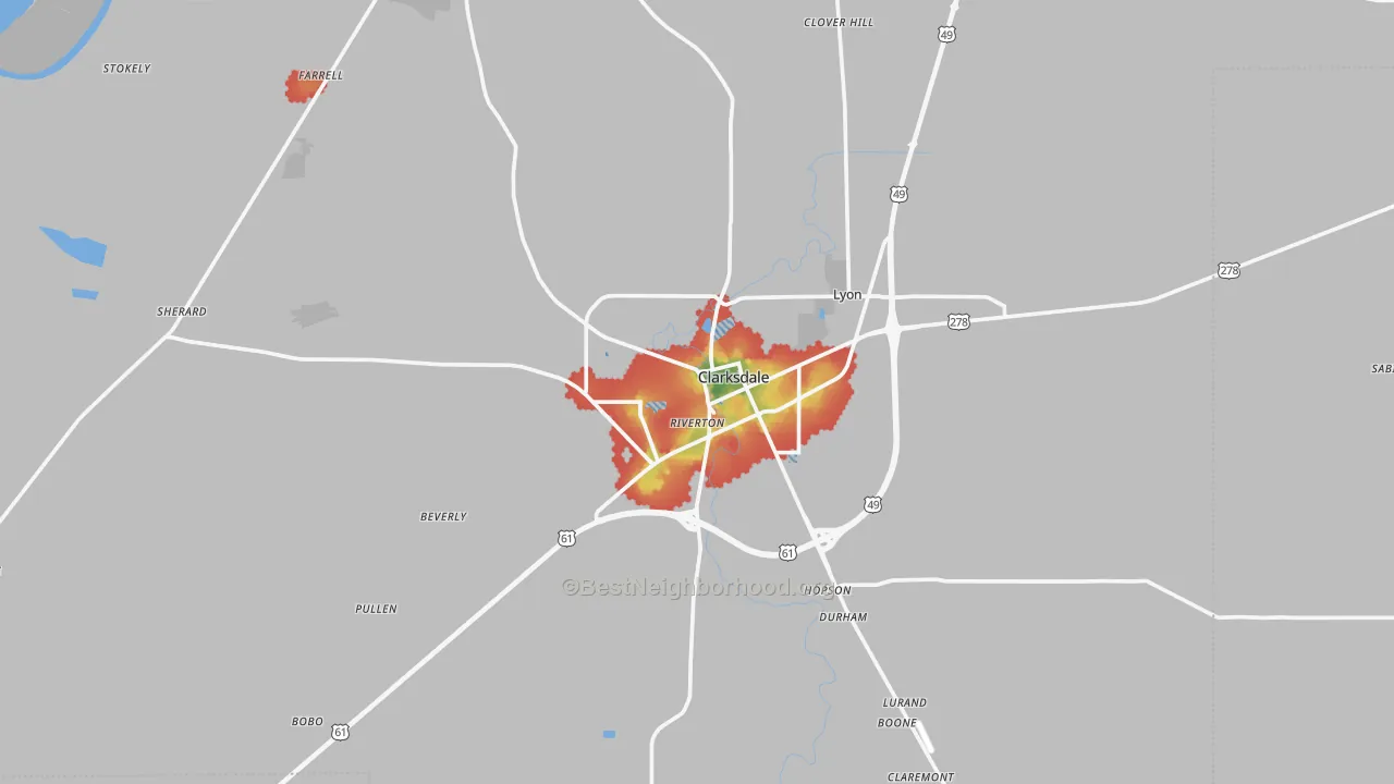 Walk Grade map of Clarksdale, MS, walkable areas in green and car-dependent areas in red
