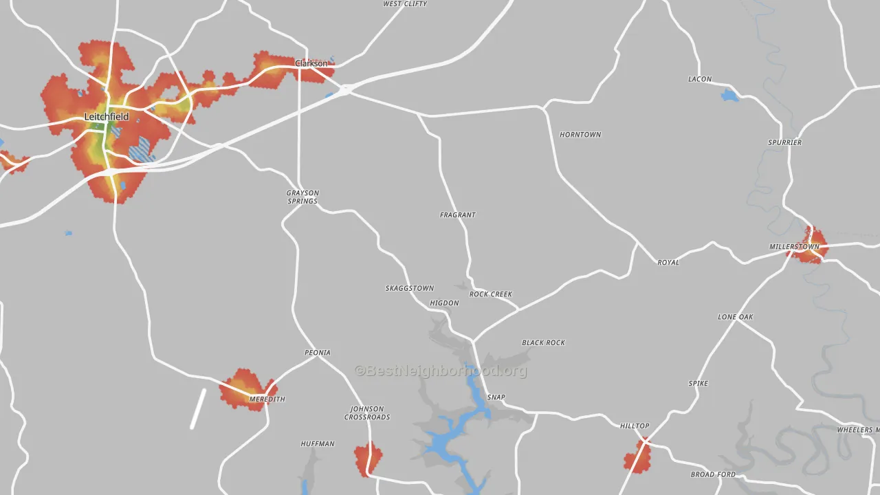 Walk Grade map of Clarkson, KY, walkable areas in green and car-dependent areas in red