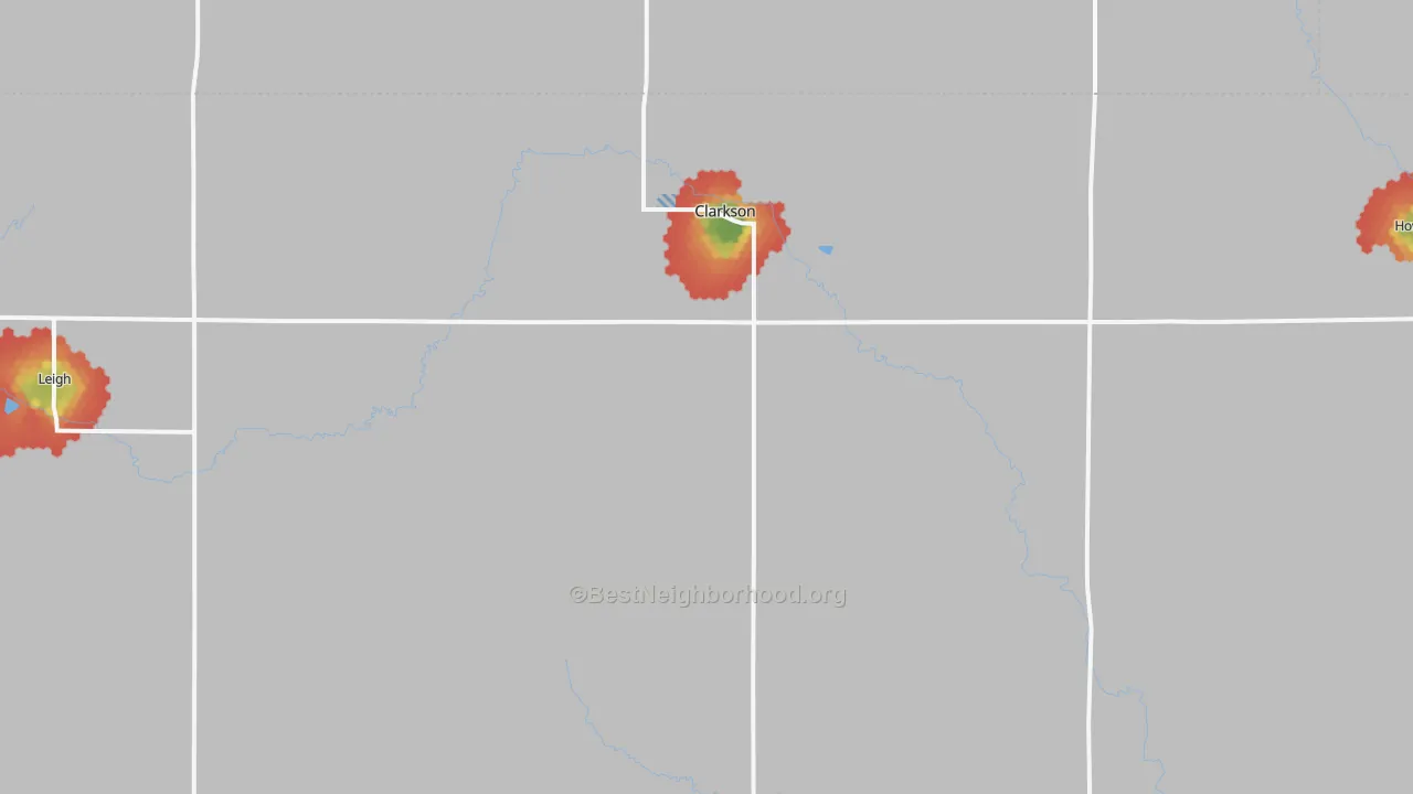 Walk Grade map of Clarkson, NE, walkable areas in green and car-dependent areas in red